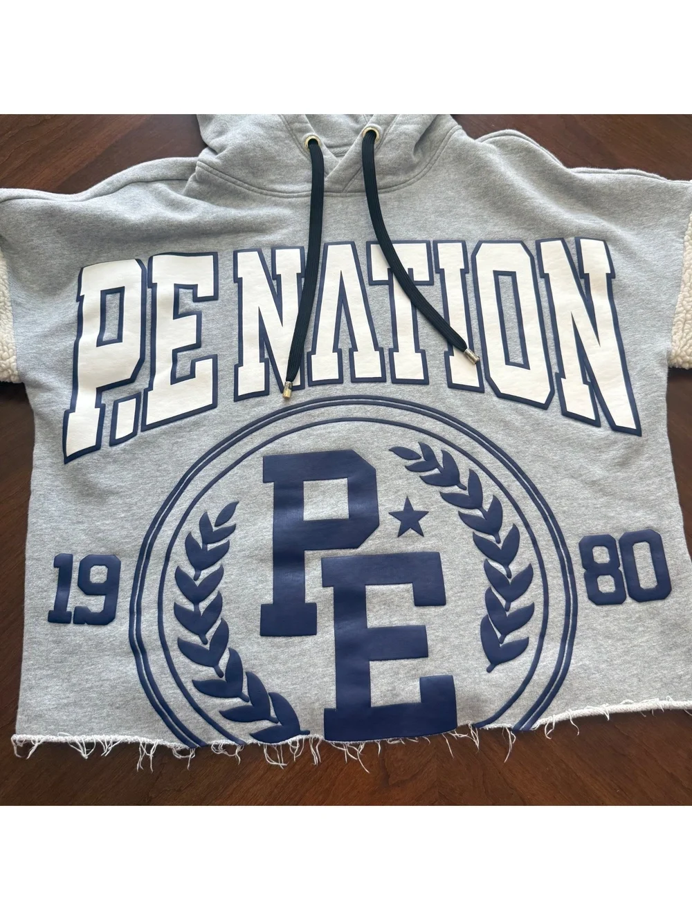 P.E Nation Grey Hoodie with Sherpa Sleeves and Drawstring Hood, Size S